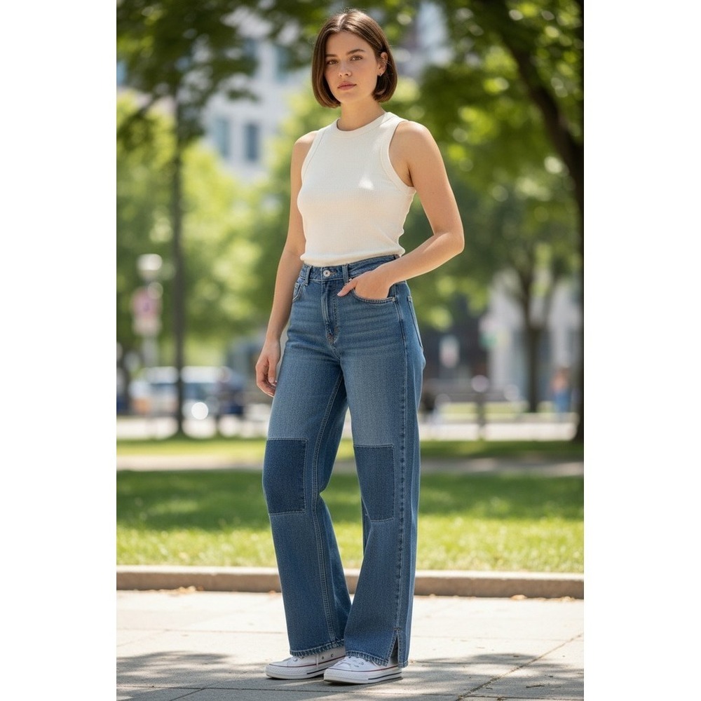 Good American The Khloé Jean 8 Blue High-Rise Straight Patchwork dark indigo NWT